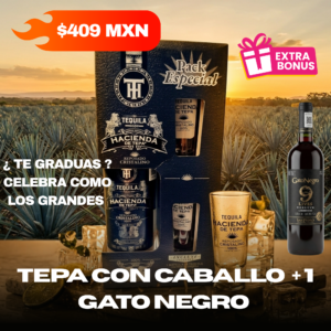 Combo de Graduación — Tequila Hacienda de Tepa Reposado Cristalino + Caballito + Gato Negro de Regalo